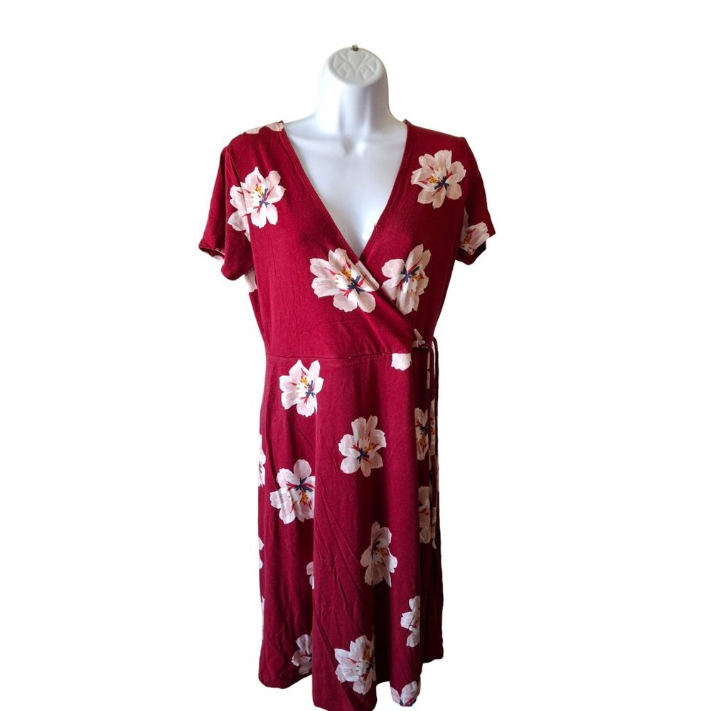 Old Navy Womens Wrap Dress S Red Floral Short Sleeve Rayon Coconut Girl Tropical